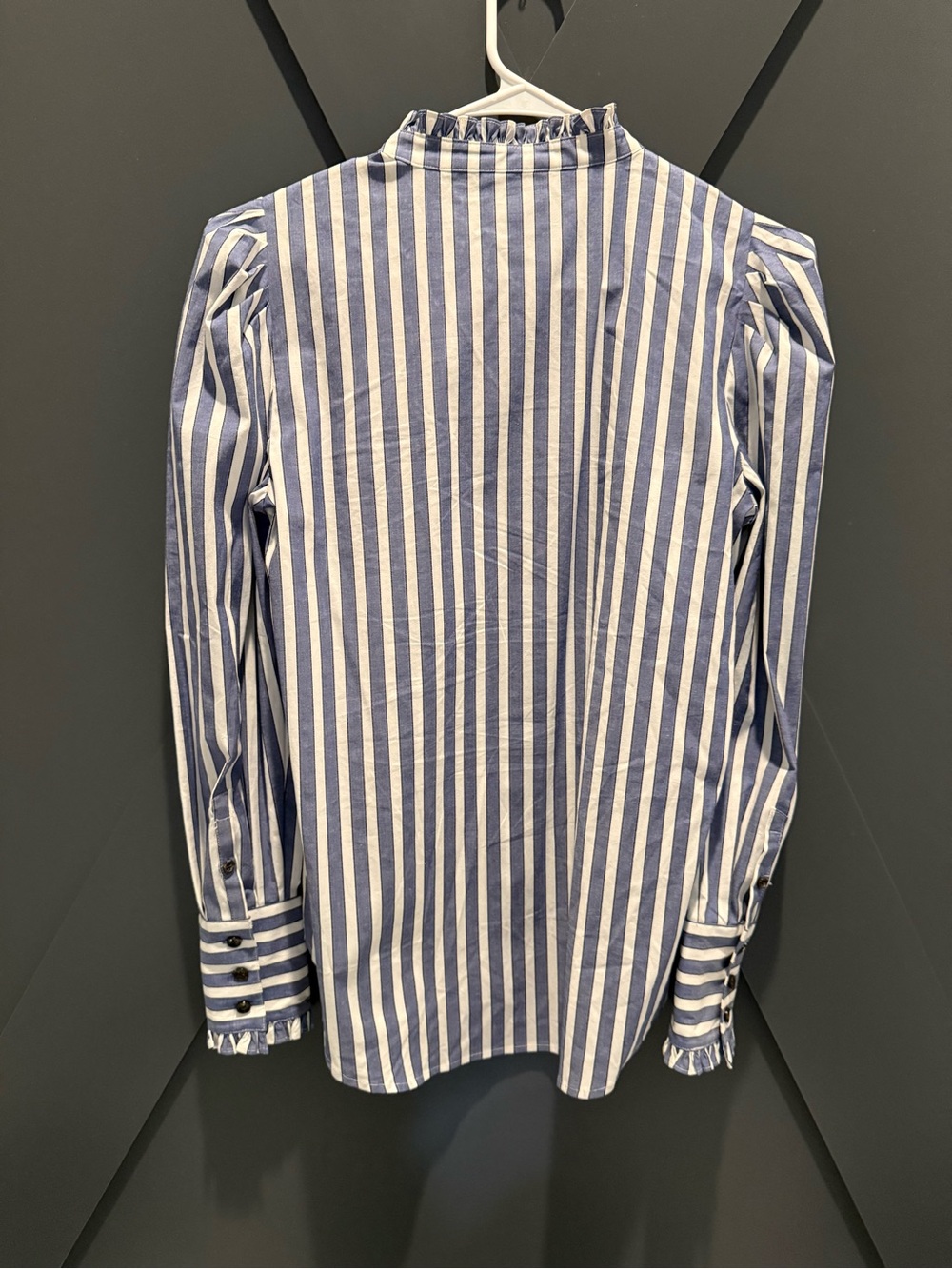 Veronica Beard Holli Blue and White Striped Ruffle Collar Button-Down Shirt - Picture 5 of 8